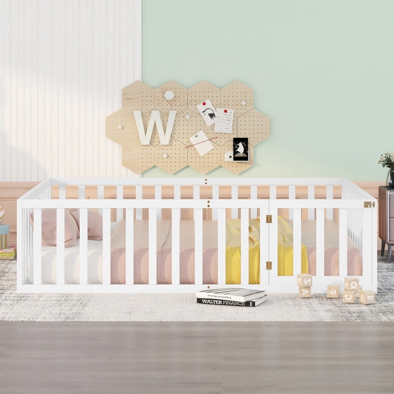 Queen Size Wood Floor Bed with Door & Fence, Montessori Bed Frame with Full Length Safety Guardrails, Wood Queen Bed with Slats, No Box Spring Needed-White