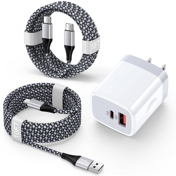USB C Charger Block, KIGPOZI 2-Port 20W Type C Fast Charging Block with 10ft Type C Cable USB C to C Charging Cords, Wall Charger Type C Charger USB C Block Fits for iPhone 17 16 15 Charger White