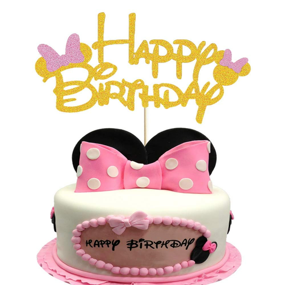 Gold Minnie Happy Birthday Cake Topper with Bow Tie