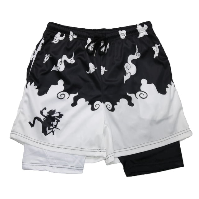 Pantalones cortos de rendimiento de Anime para hombre, estampado de Manga 2 en 1, pantalones cortos deportivos elásticos de compresión, secado rápido, entrenamiento de Fitness, Verano