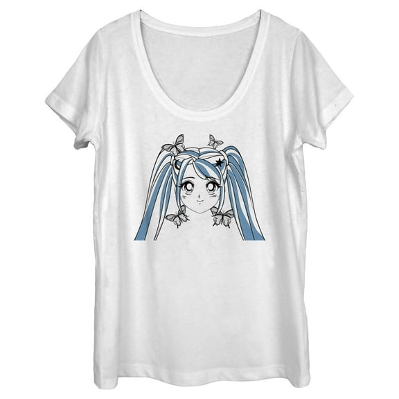 Women's Lost Gods Butterfly Anime Face  Scoop Neck White 2X Large