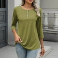 thumbnail image 4 of IROINNID Women Solid Color Casual Button Down Round Neck Three Quarter Sleeve Tshirt Loose Fit Comfortable Soft Breathable Everyday Basic Tee(Green#1,M), 4 of 8