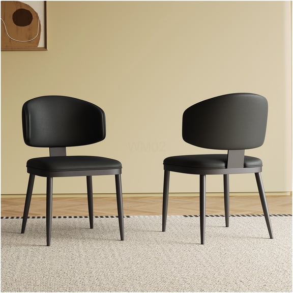 Set of 2 Modern PU Leather Dining Chairs, Black Metal Kitchen Side Chairs with High-Density Cushion for Dining Room