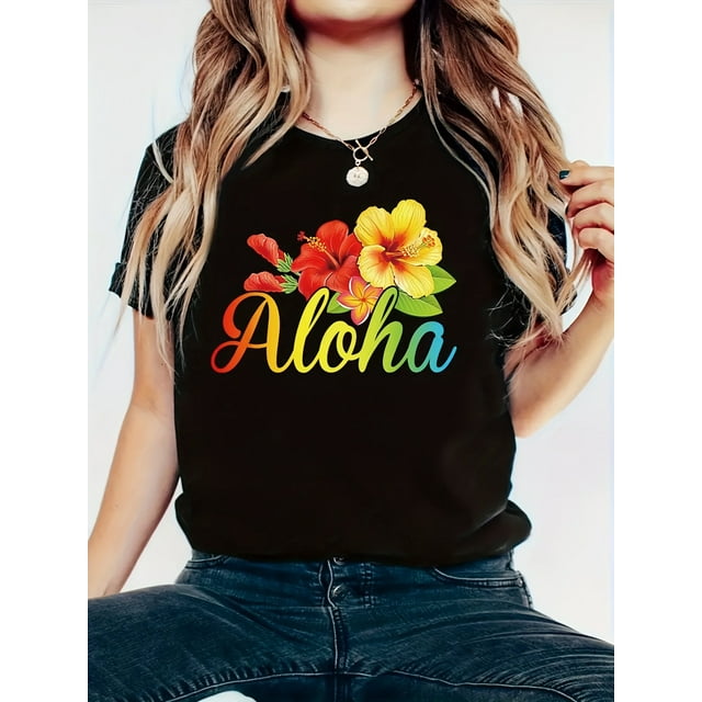 T-Shirt Décontracté d'Été à Manches Courtes pour Femmes Aloha Hawaii, Col Rond, Coupe Régulière, Tissu Tricoté, 95 % Polyester 5 % Élasthanne, Motif Géométrique, Légèrement Extensible, Toutes Saisons - Noir