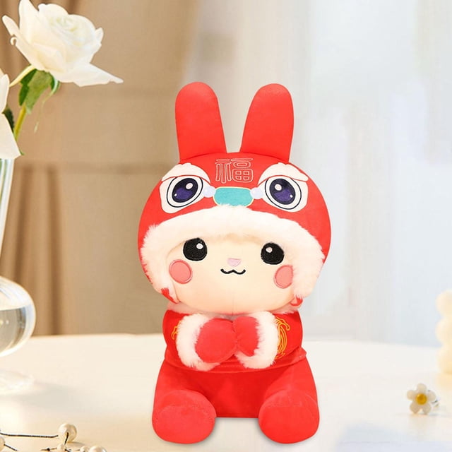 Lindo Conejo Juguetes de peluche Adorno Muñecos de peluche Animal Regalo temático Estilo chino para el año Nuevo chino Fiesta de cumpleaños Favor Traje Tang Rojo 20cm Hugo Juguetes de peluche
