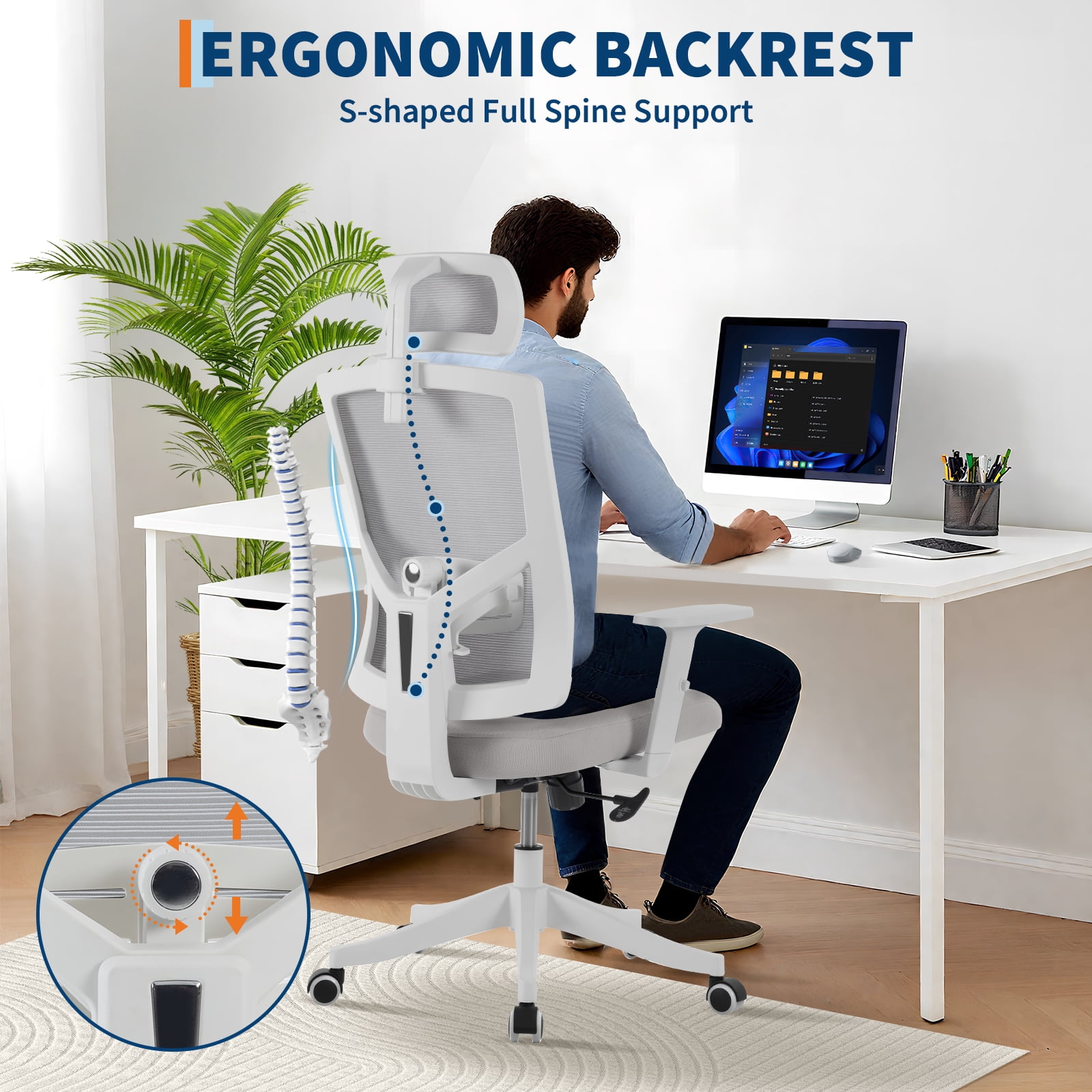 Ergonomic Office Chair with Adjustable Lumbar & Headrest, Adjustable Mesh Desk Chair with Lumbar Support, High Back Swivel Computer Chair with Armrests, Comfortable Desk Chair for Gaming, Studying