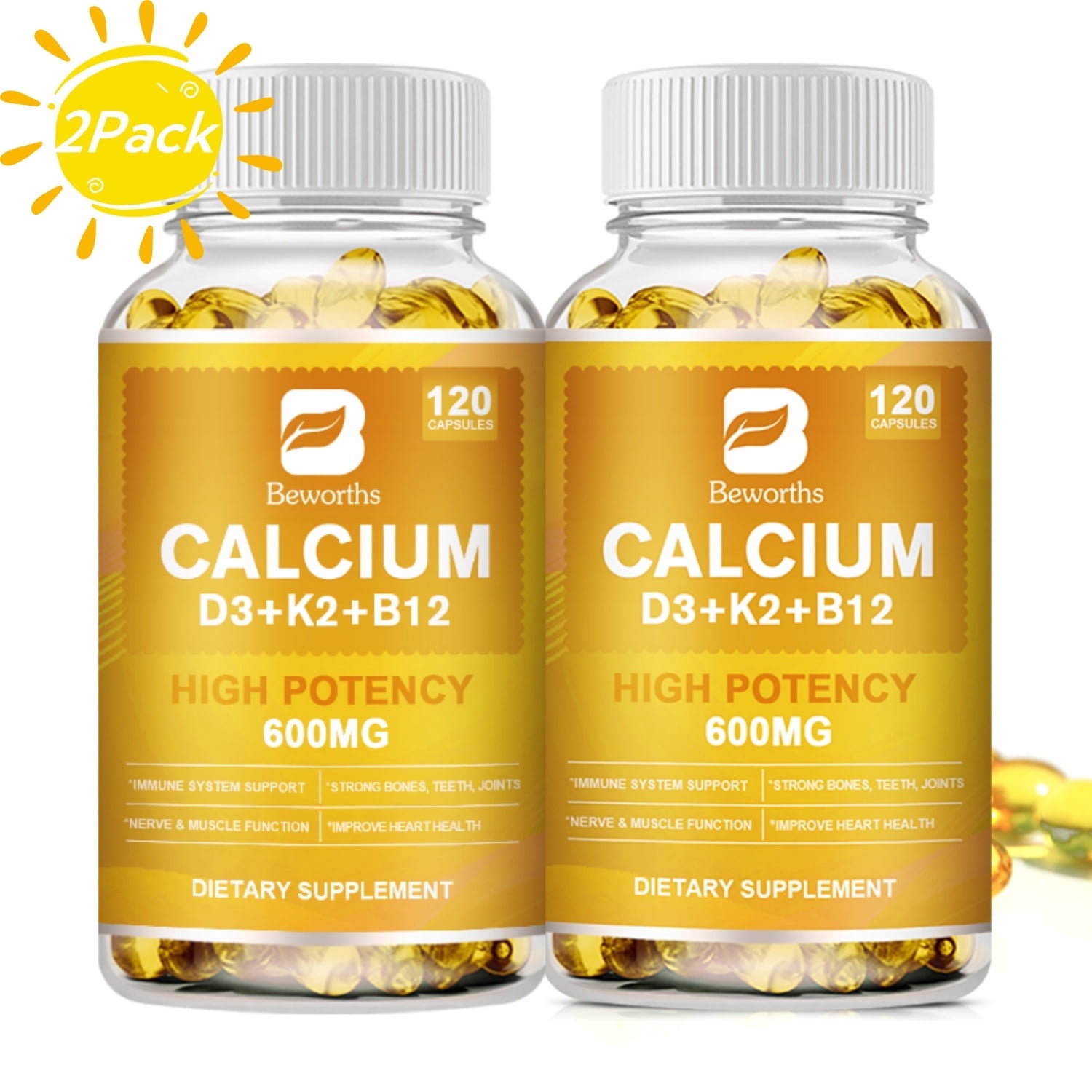 Beworths 4-in-1 Calcium Supplement - 600mg Calcium with Vitamin D3, K2 & B12 - Bone, Heart & Immune Support - 240 Capsules for Men and Women