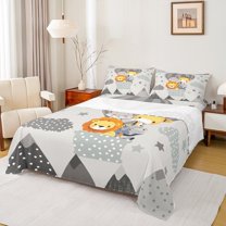Manfei Cartoon Giraffe Lions Full Size Sheets,Cute Fox Hippopotamus Bed Sheets,Jungle Animal Sheet Sets For Kids,Super Cozy Room Decor,4-Piece