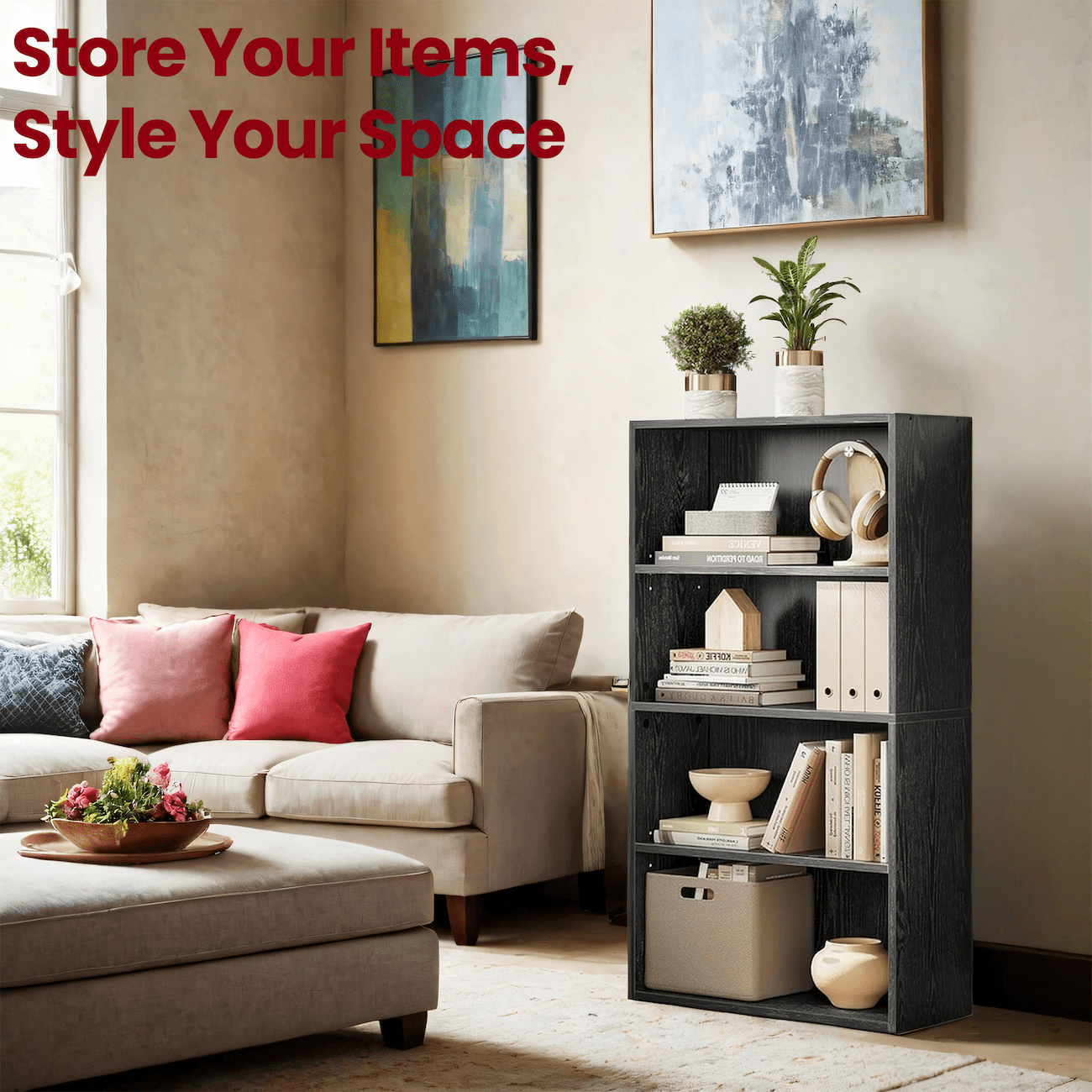 LEDREM 4-Tier Adjustable Bookcase, Open Bookshelf, Storage Shelf Organizer, 22lb Capacity per Shelf, for Home, Office, Ebony Black