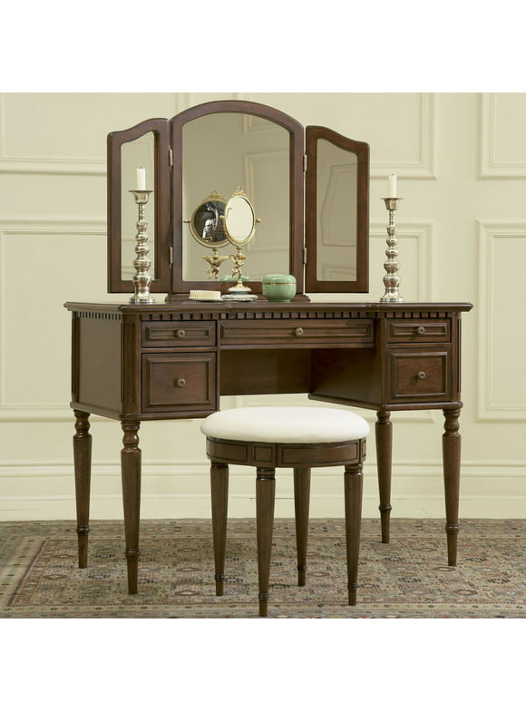 Powell 3-Piece Vanity, Mirror and Bench Set, Cherry
