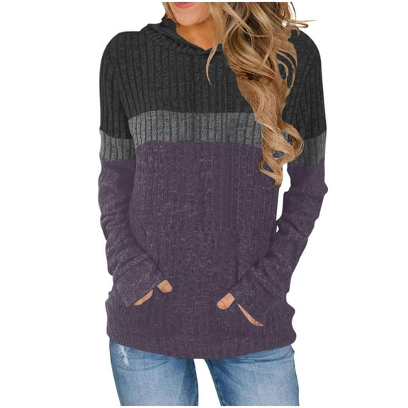 Women's Solid Color Loose Casual Pocket Color Block Stripe Brushed Hooded Sweatshirt Top