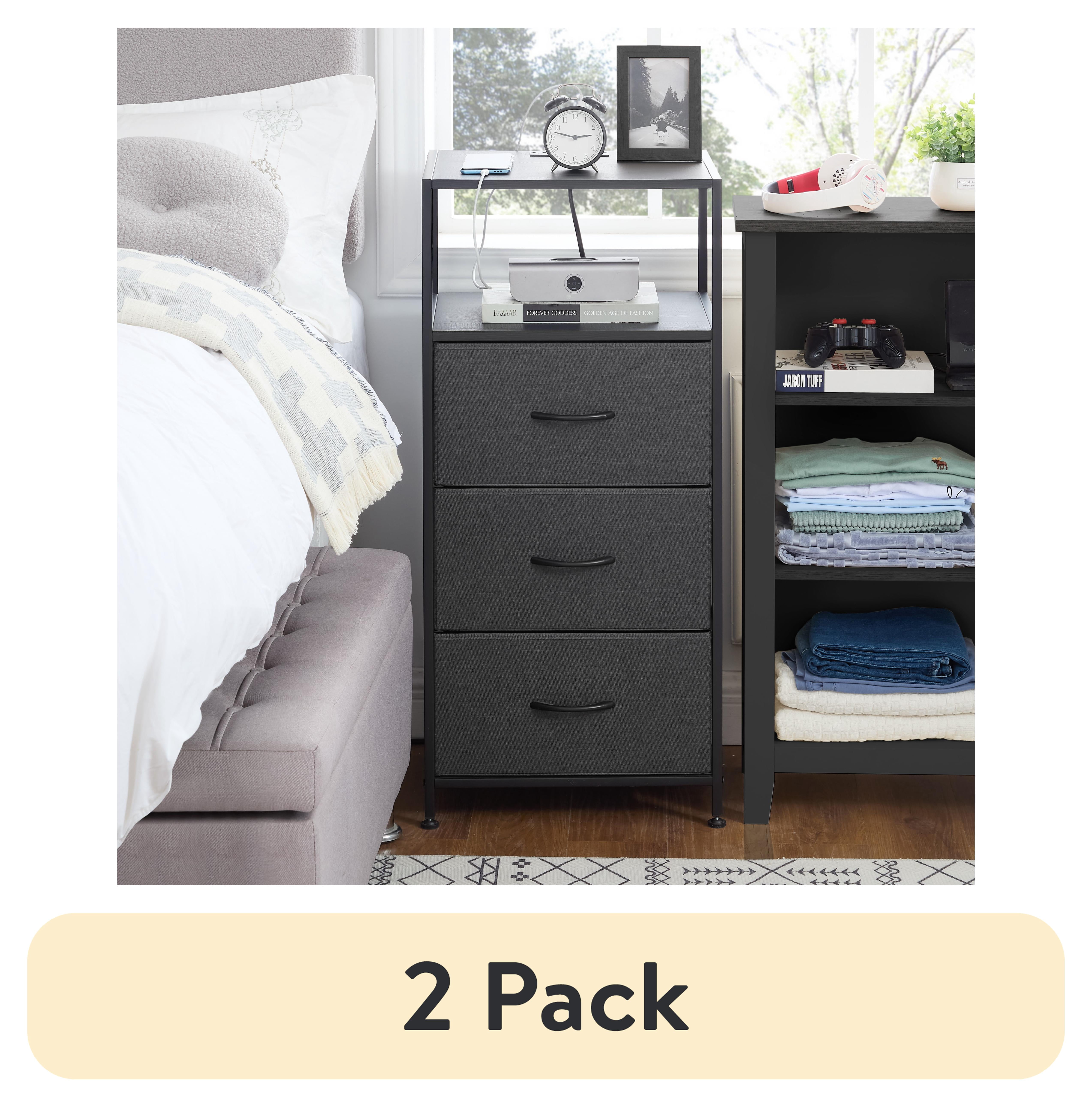 (2 pack) Mainstays 3 Drawer Fabric Nightstand with USB, Grey