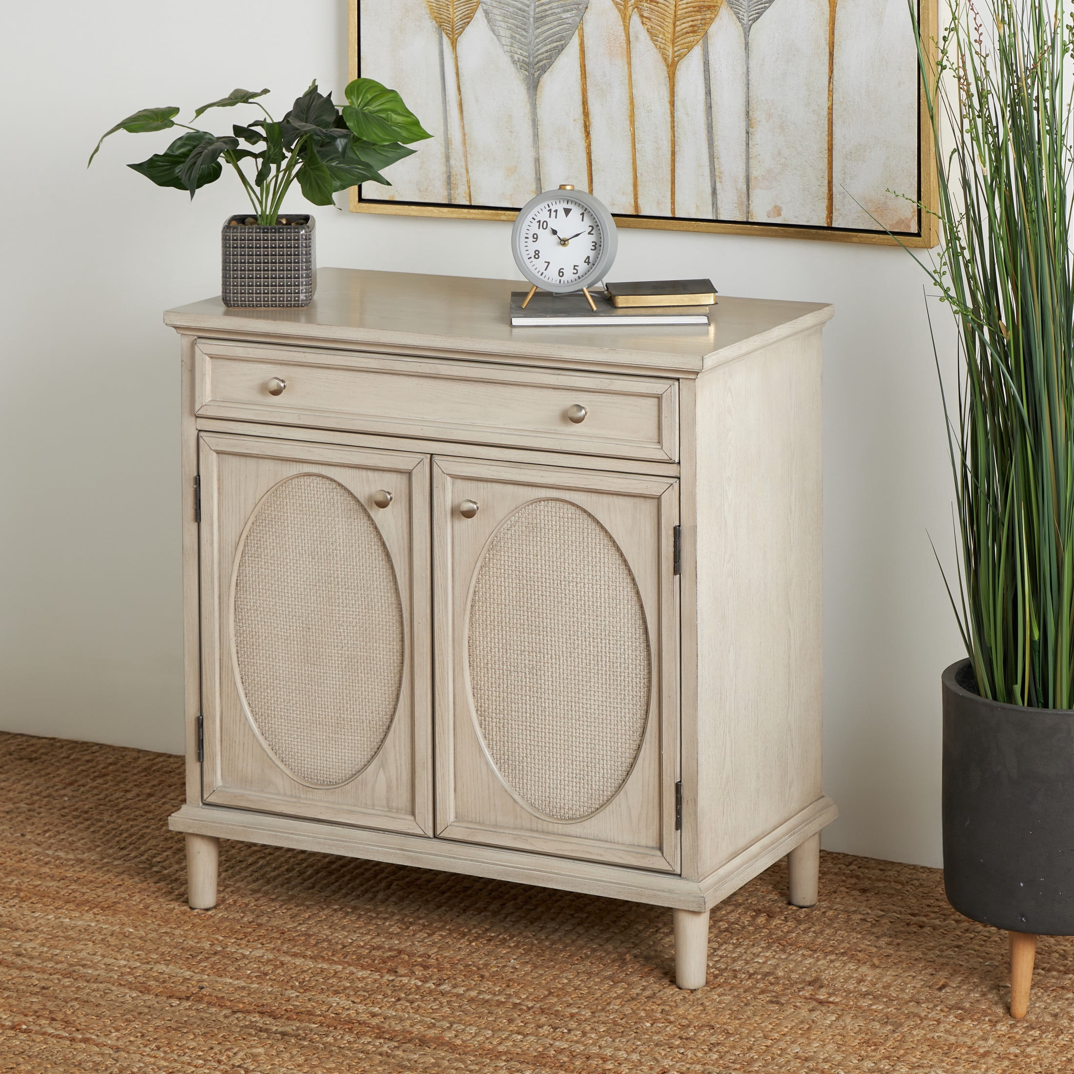DecMode 34" x 35" Light Gray Wooden Oval Rattan Front 2 Door and 1 Drawer Geometric Cabinet, 1-Piece