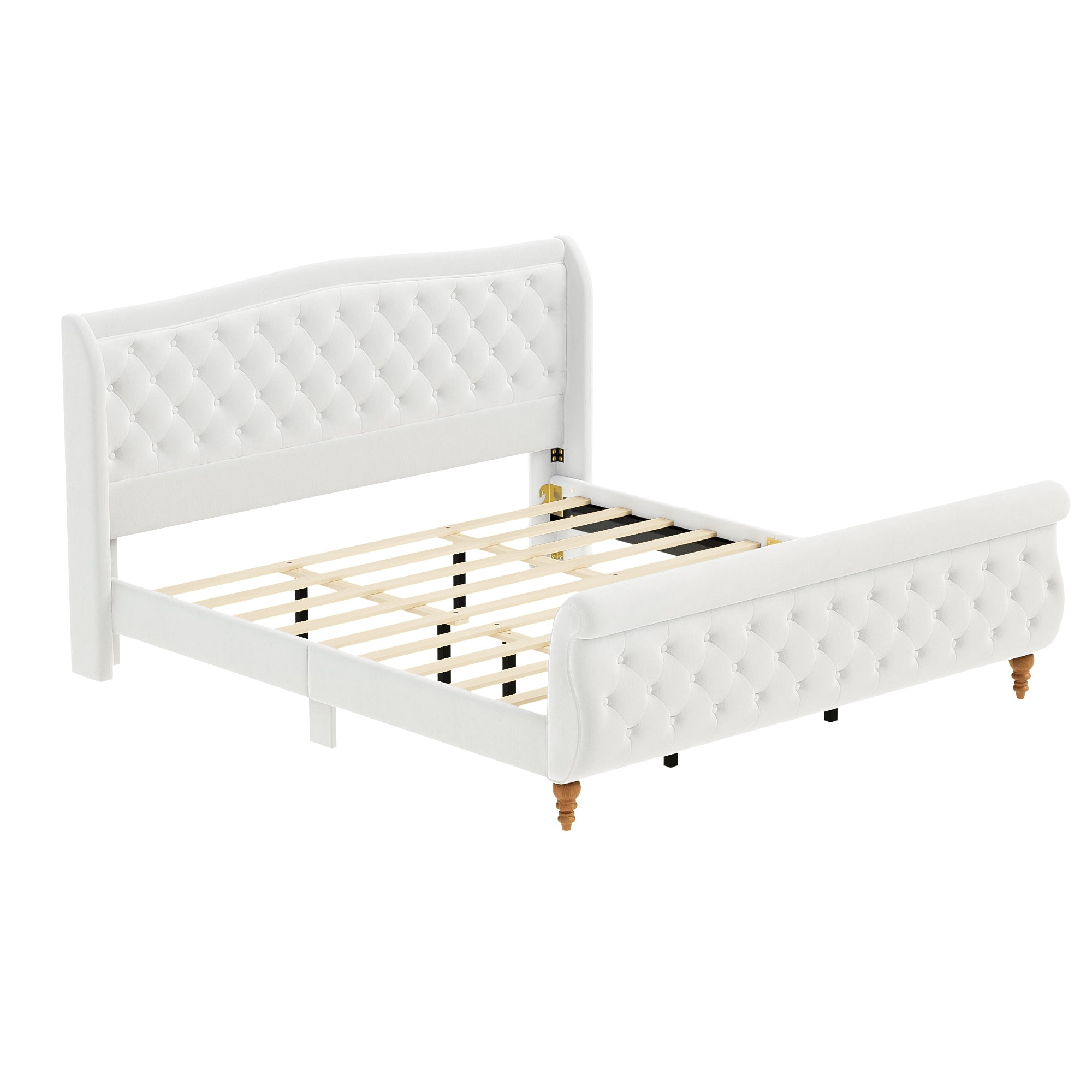 Euroco Velvet Upholstery King Size Platform Bed, Button Tufted Sleigh Bed Frame, No Box Spring Needed, Beige