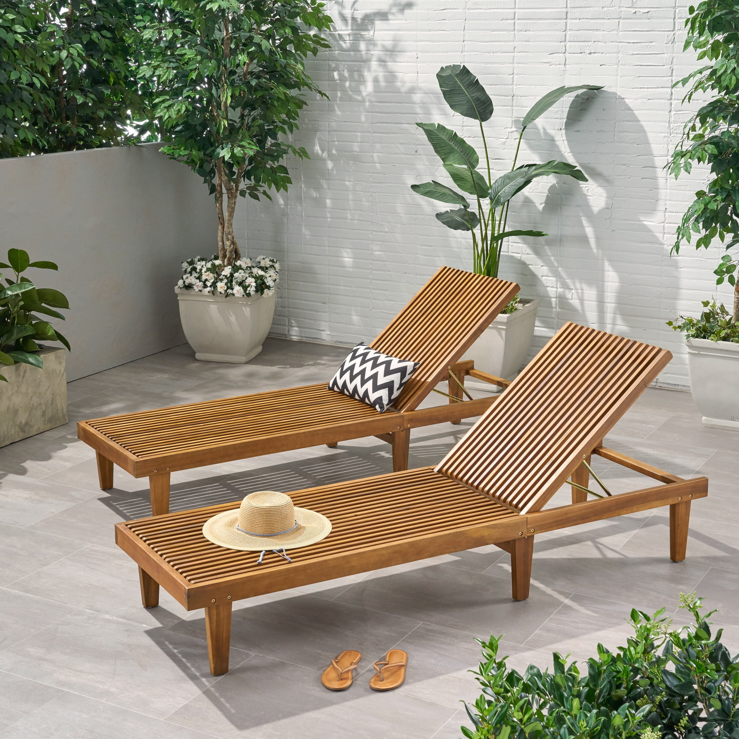 Maddison Outdoor Wooden Chaise Lounge, Set of 2, Teak Finish
