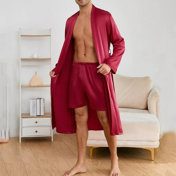 Kilaqueen Mens Kimono Robe Set 2 Pcs Lightweight Silk Satin Long Sleeve Bathrobe with Shorts Sleepwear Pjs Sets