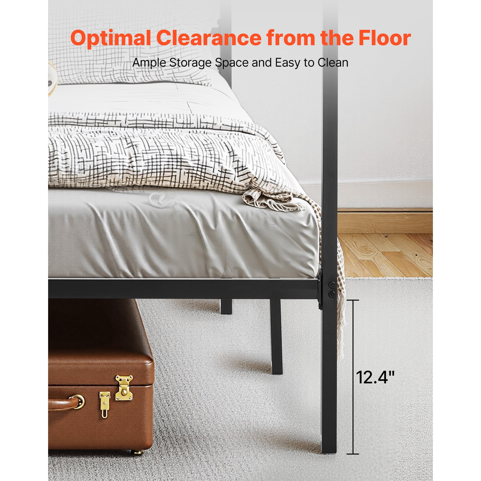 KFFKFF King Size Metal Canopy Bed Frame with Charging Station, Four-Post Design, Durable Steel Slats, Underbed Storage, No Box Spring Required, Simple Assembly, Black