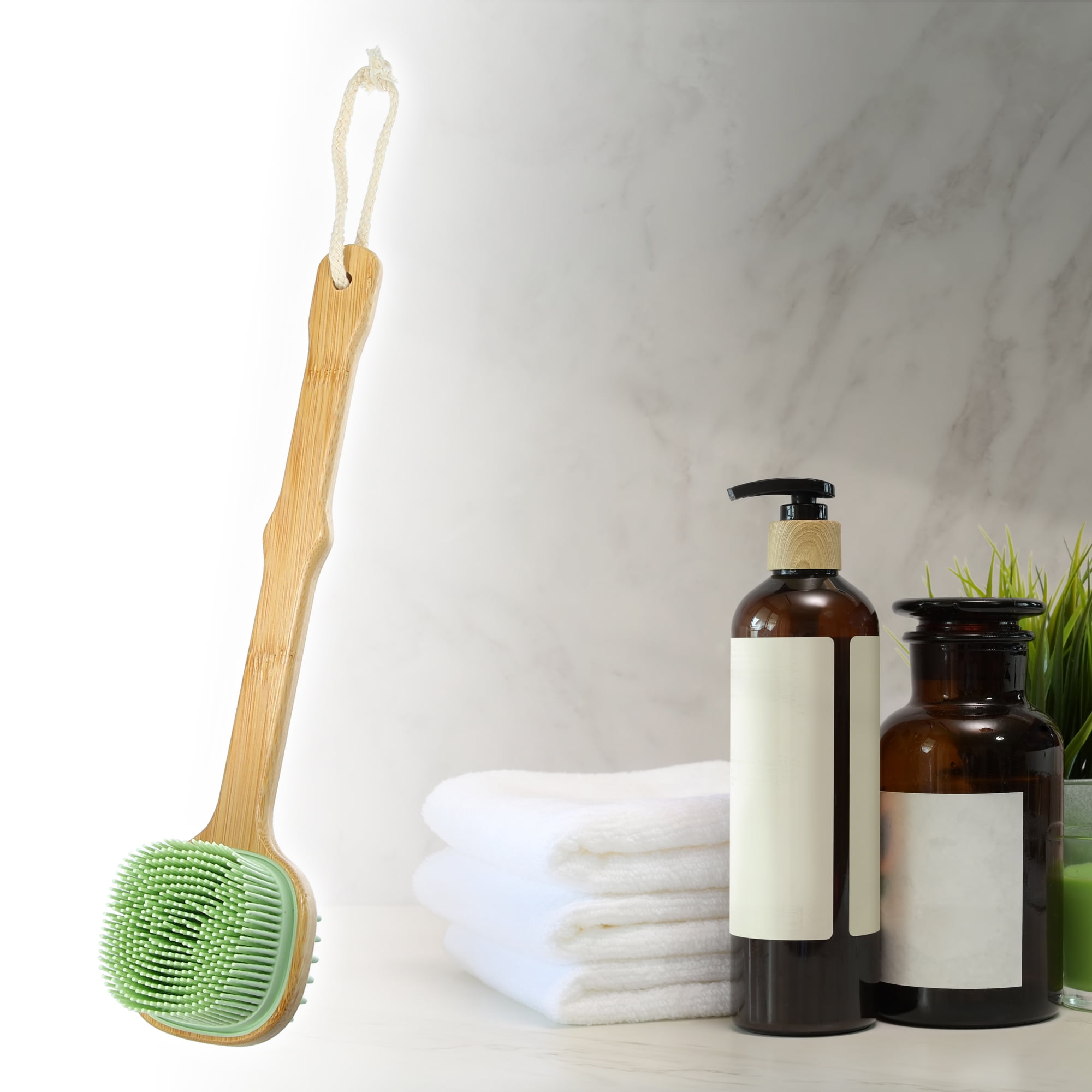 Unique Bargains Back Scrubber Brush with Long Handle for Exfoliating Silicone Light Green