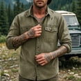 thumbnail image 2 of Men's Casual Button Down Shirt Long Sleeve Turndown Collar Solid Polyester Zipper Closure Pockets Daily Work Office Business | Zenithor,Army Green L, 2 of 7