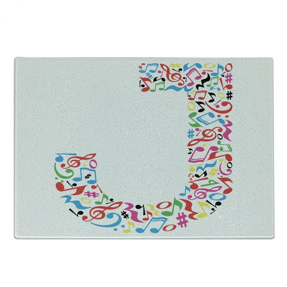 Letter J Cutting Board, J Typography in Design Musical Notes Graphic Style ABC Font Language Theme, Decorative Tempered Glass Cutting and Serving Board, Small Size, Multicolor, by Ambesonne