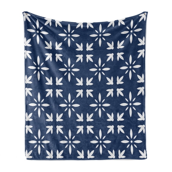 Indigo Soft Flannel Fleece Throw Blanket, Modern Design Floral Image Leaves Rose Petals Inspired Design Art Print, Cozy Plush for Indoor and Outdoor Use, 60" x 80", Navy Blue and White, by Ambesonne