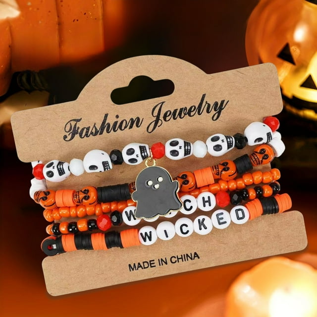 Halloween Bracelets Sets Gothic Layered Beaded Bracelets Pack Spooky Ghost Araneid Pumpkin Stackable Strench Bracelet For Accessories Jewelry Gifts