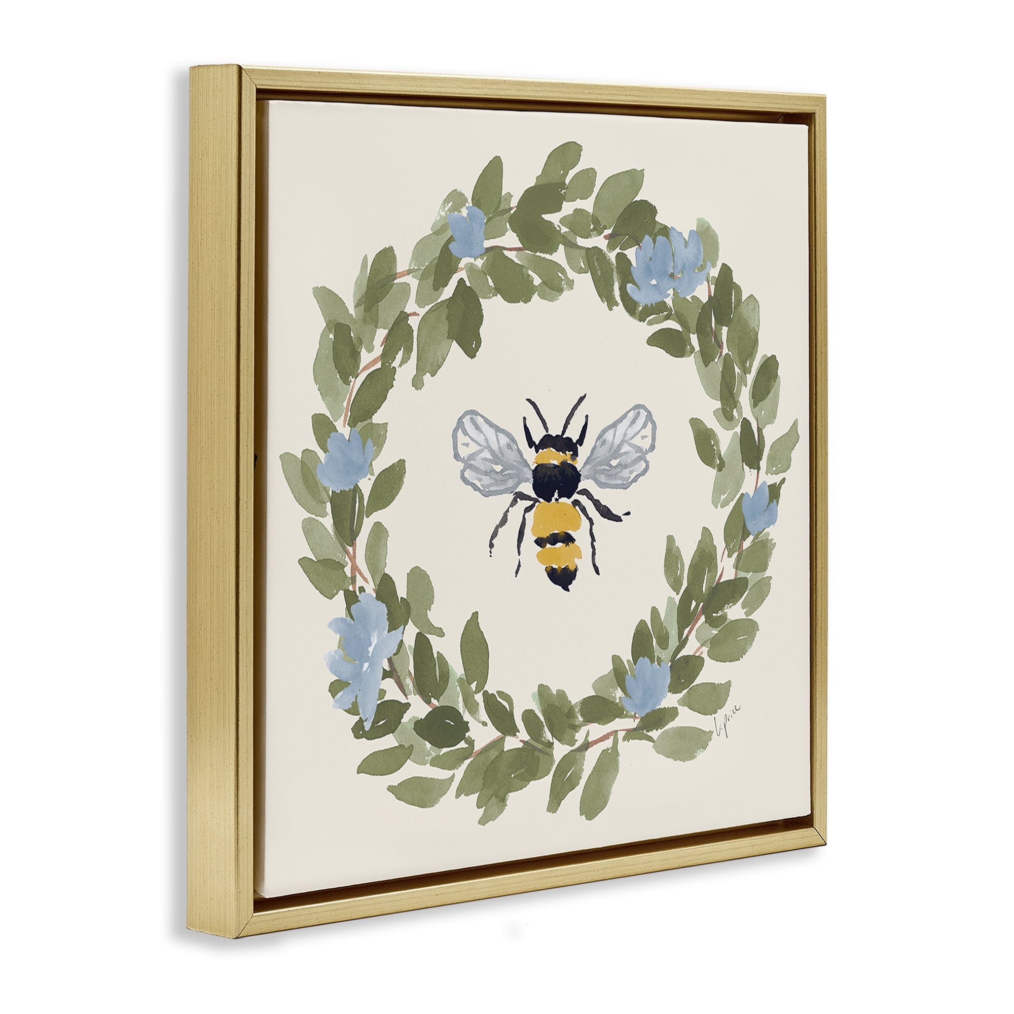 Stupell Industries Bee Celebration Wreath Gold Framed Floater Canvas Wall Art, design by Lucille Price