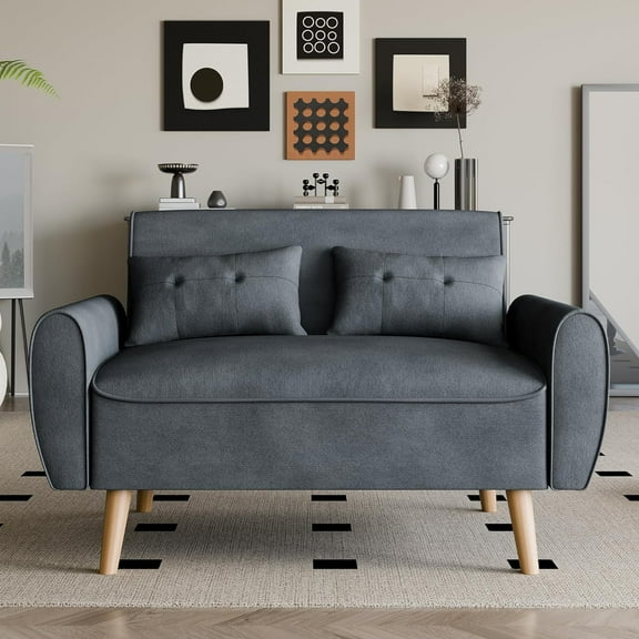 Vongrasig 47" Small Modern Loveseat Sofa, Mid Century Linen Fabric 2-Seat Sofa Couch Tufted Love Seat with Back Cushions and Tapered Legs for Living Room, Bedroom and Small Space (Dark Gray)