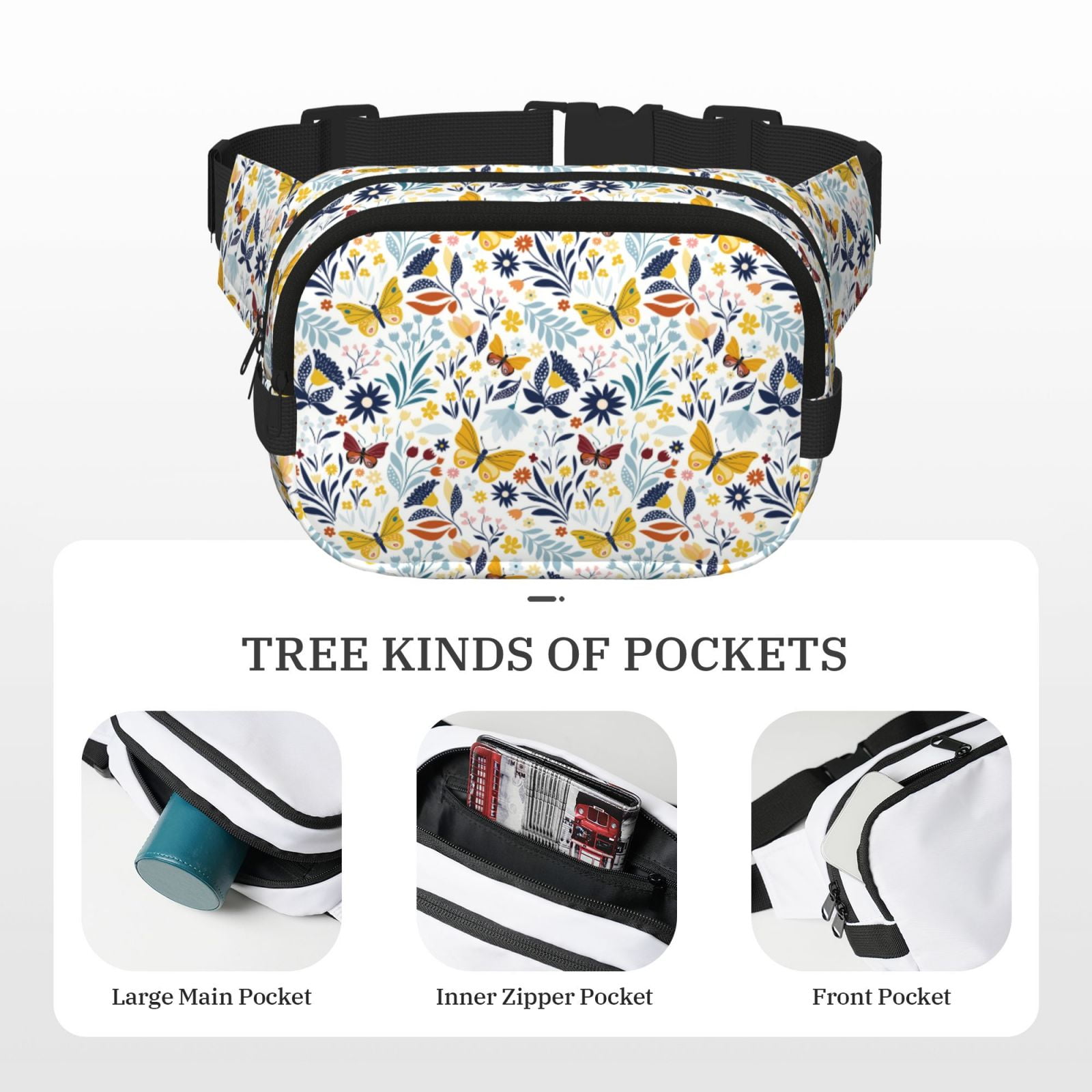 Picia Flowers Butterfly Print Square Double-Layer Waist Bag Mini Adjustable Waist Belt Bag Exercise Running Travel Hiking