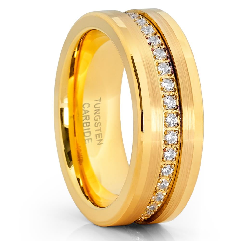 Yellow Gold Wedding Ring,8mm Wedding Ring,Tungsten Carbide Ring,CZ