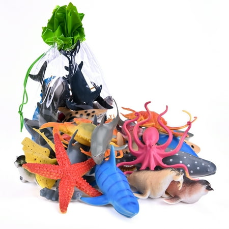 Fish Toy - Sea Animals Bath Toys Plastic Summer Rubber Ocean Creatures Collection Underwater Marine Fish Pool Toy Includes a Storage Bag 18 PCs F-02
