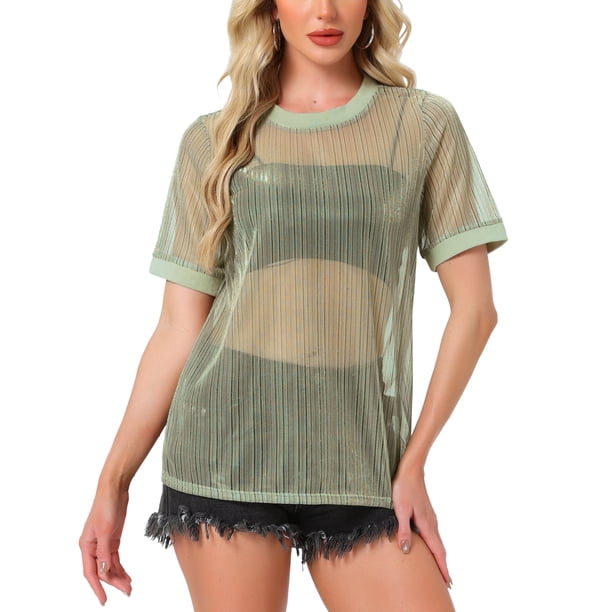 INSPIRAR CHIC Camiseta de Malla para Mujeres, Cubierta de Fiesta, Manga Corta, Transparente, Tallas XL, Dorado