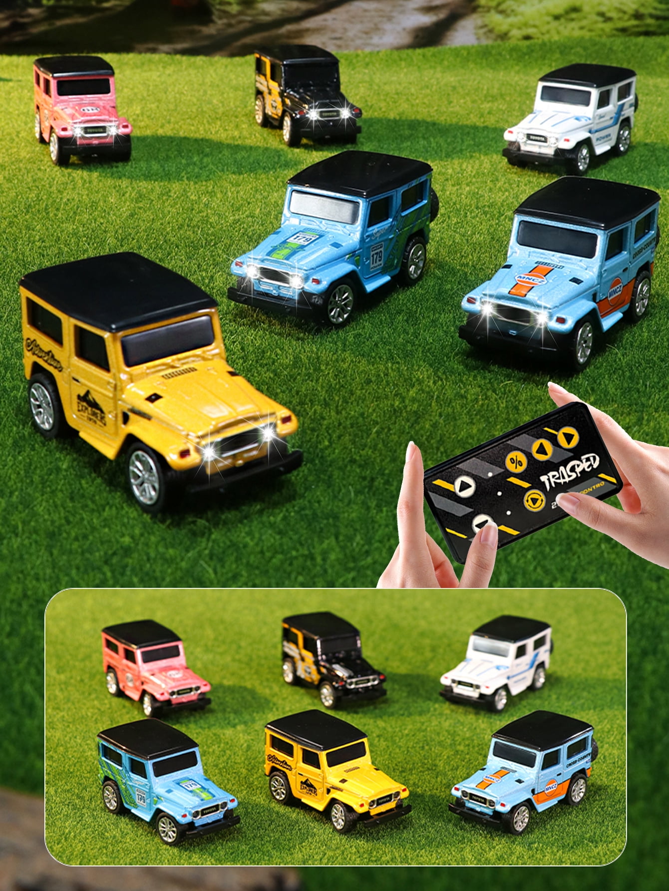 1: 64 mini alloy remote control car, 2.4GHz remote control, three speed adjustable steering (blue orange)
