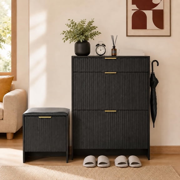 Howcool Fluted Entryway Shoe Cabinet with Upholstered Padded Shoe Bench, Wood Narrow Freestanding Shoe Storage, Black