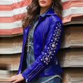 thumbnail image 3 of Chaquetas de traje estilo casual Chaqueta con cremallera y solapa sólida para mujer, abrigo de manga larga con tachuelas, ropa de abrigo corta,blazer moda（Azul， M), 3 of 4