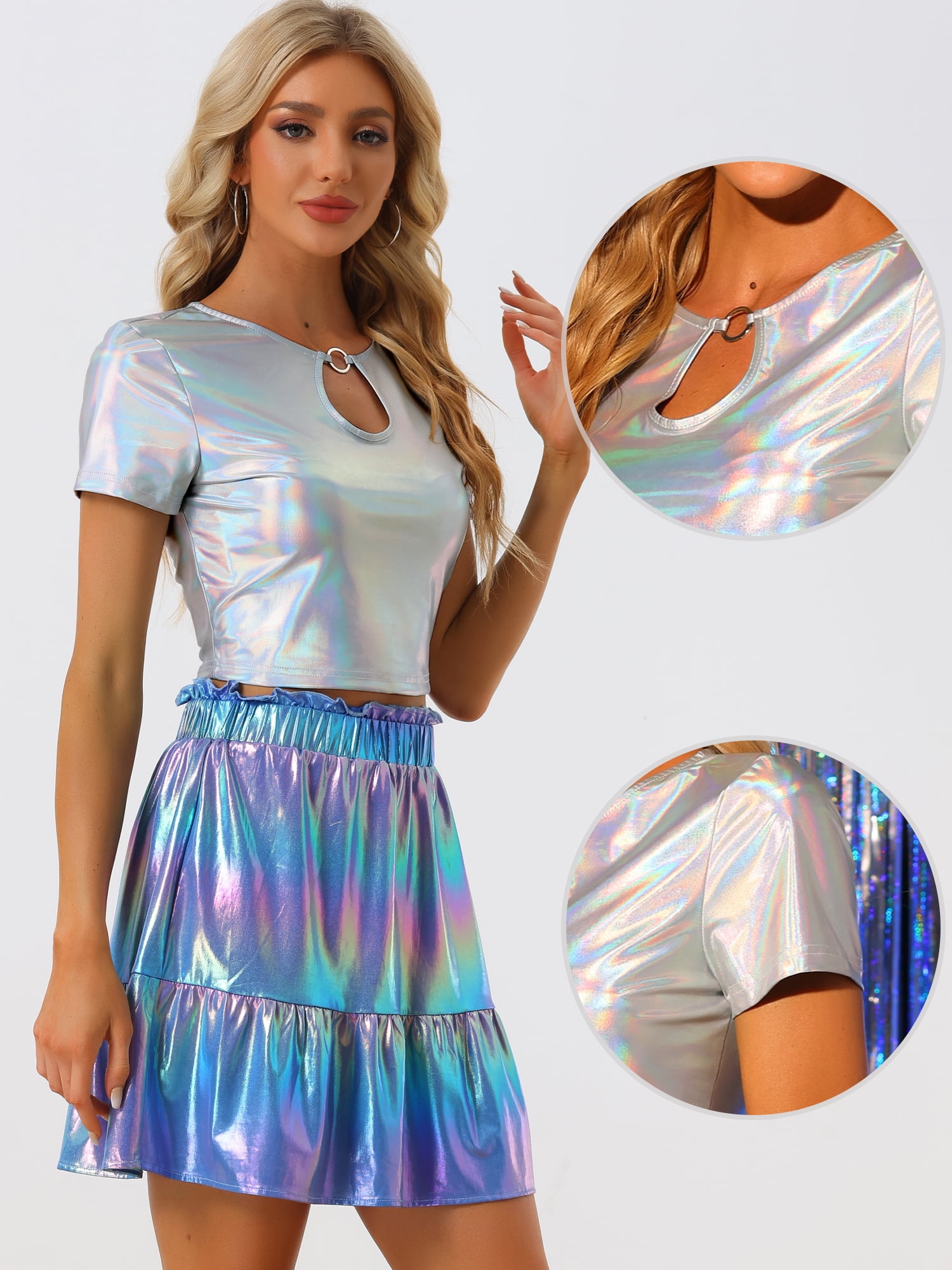 DARING DIVA Women's Metallic Crop Shiny Holographic Top S Silver Holographic