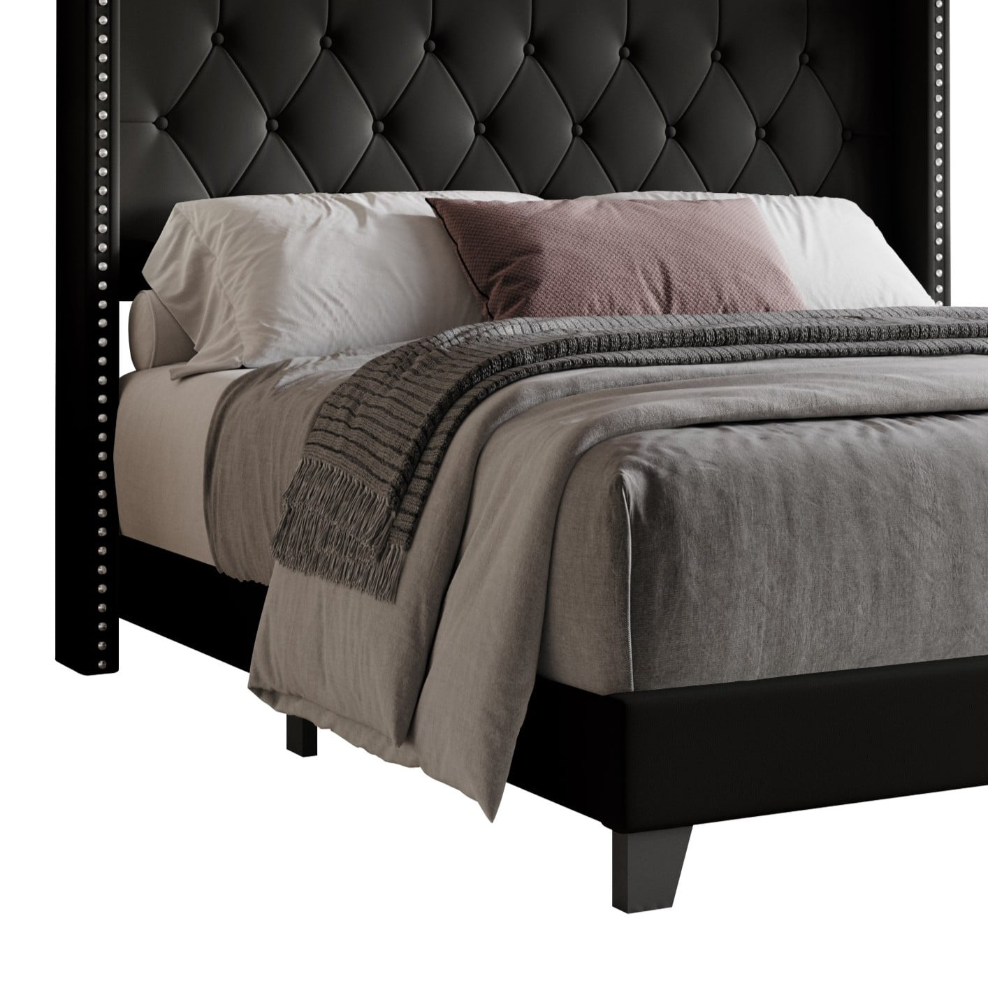 Home Design Homer King Button-Tufted Wingback Upholstered Panel Bed Frame with Nailhead Trim design for Adult, Black, Easy Assembly