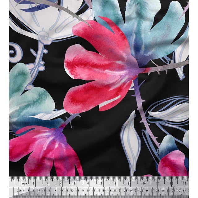 Soimoi Satin Silk Fabric Flower Watercolor Print Fabric by The Yard 42 Inch Wide