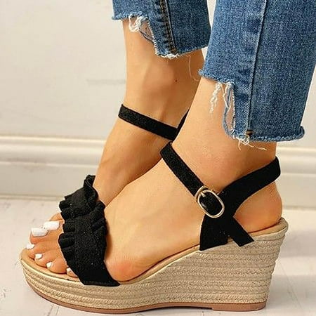 

HIBRO Women Summer Fashion Sandals Buckle Strap Wedges Retro Peep Toe Sandals