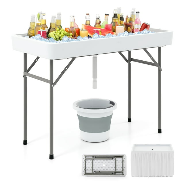 Patiojoy Table à Glace Pliable de 4 Pi Table de Refroidissement Extérieure Portable avec Drain Jupe Assortie Amovible