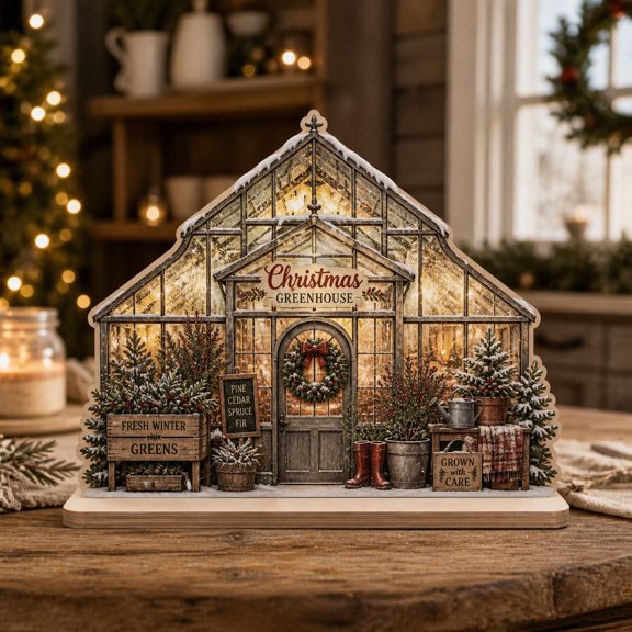Christmas Wooden Block Farmhouse Greenhouse Wooden Tabletop Display for Holiday Mantel