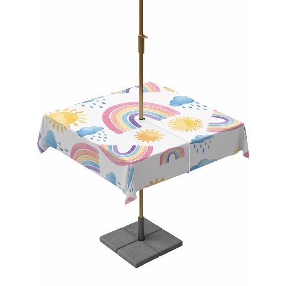 Outdoor Tablecloth with Umbrella Hole for Patio/Picnic/Party/Camping, Cute Rainbow Sun Waterproof Table Cloth Square Cover Washable, Rainy Simple Drawing (60"x 60")