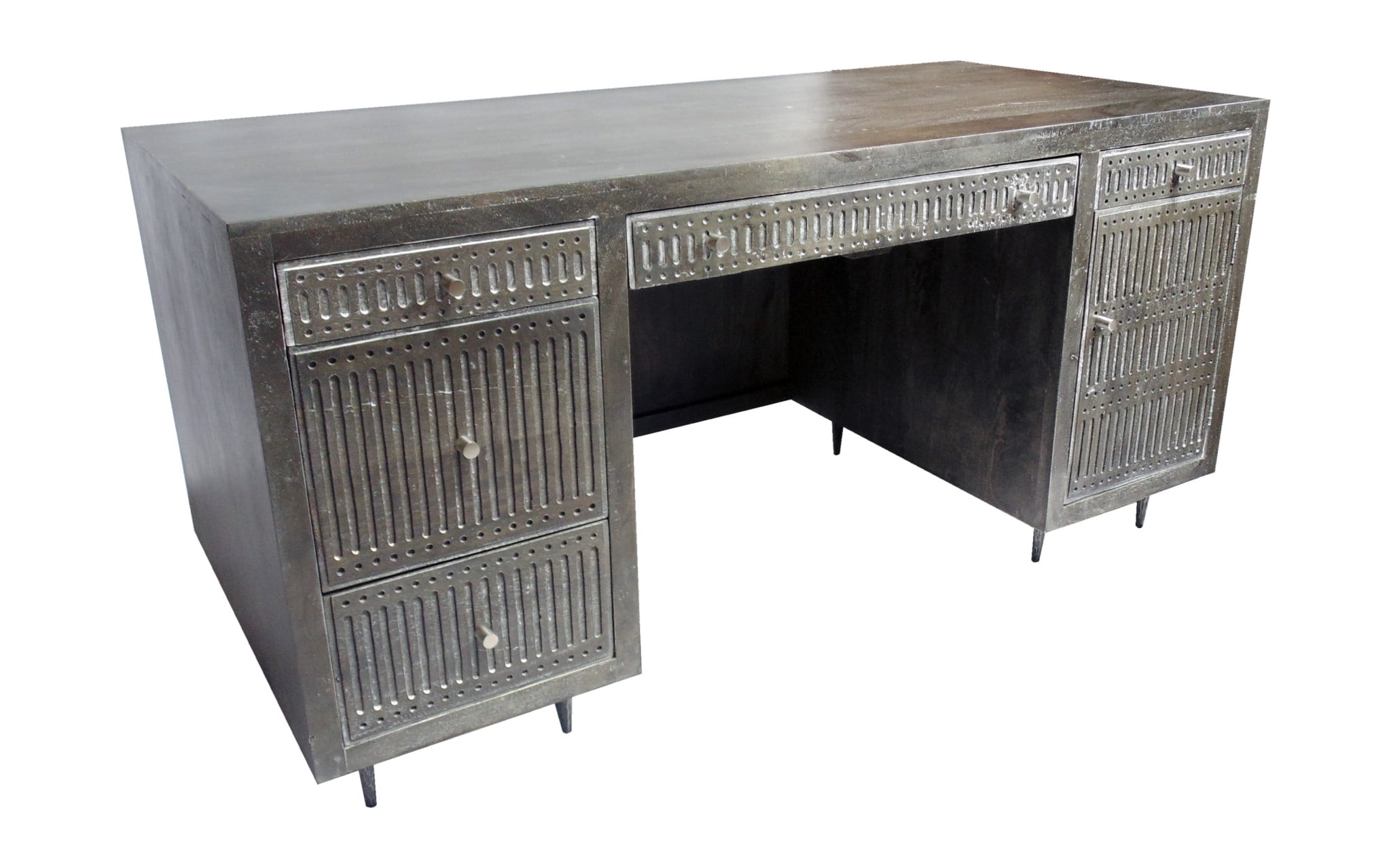 HomeRoots 489189 64 in. Brown & Silver Mango Solid Wood Executive Desk with 5 Drawers
