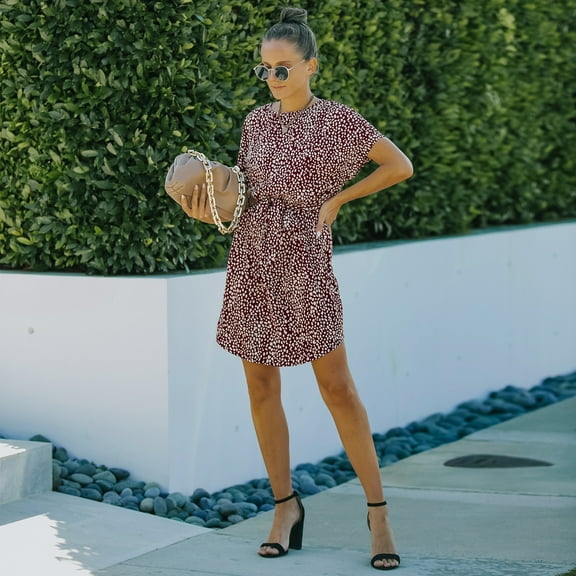 Cheetah Print Round Neck Gartered Waist Casual Shirt Dress for Women