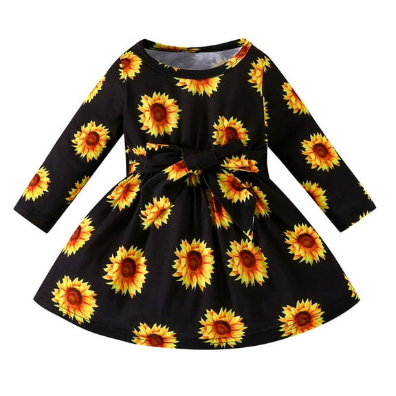 PINQI A Line Sundress for Toddler Girls Kids Baby Girls Casual Long Sleeve Round Neck Sunflower Print Dress Party Dress for 0 to 24 Months
