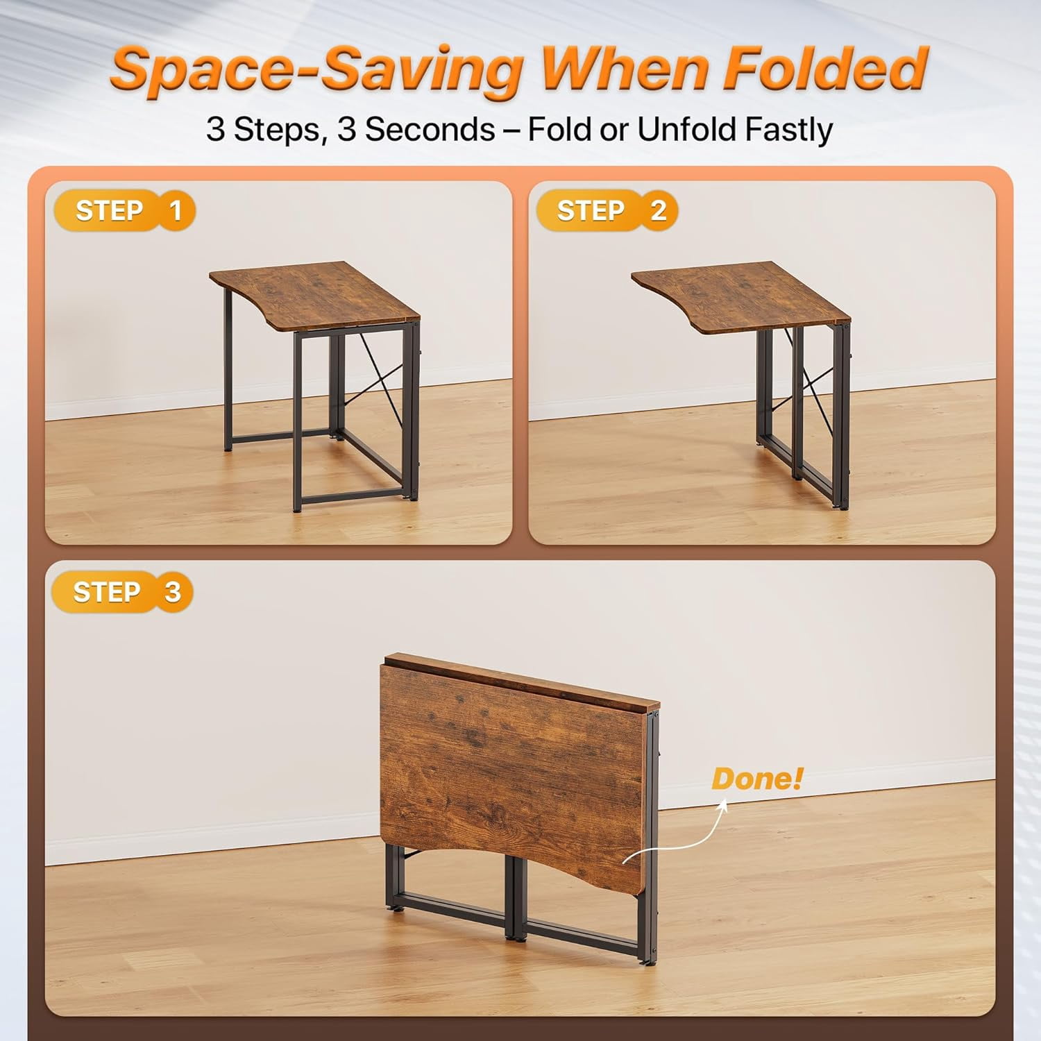31.5 Inch Folding Computer Desk With Power Outlets & Wheels - Rustic Brown & White Rolling Desk For Small Spaces