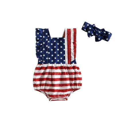 

Baby Girl 4th of July Outfits Sleeveless Backless Ruffle Romper with Headband Set