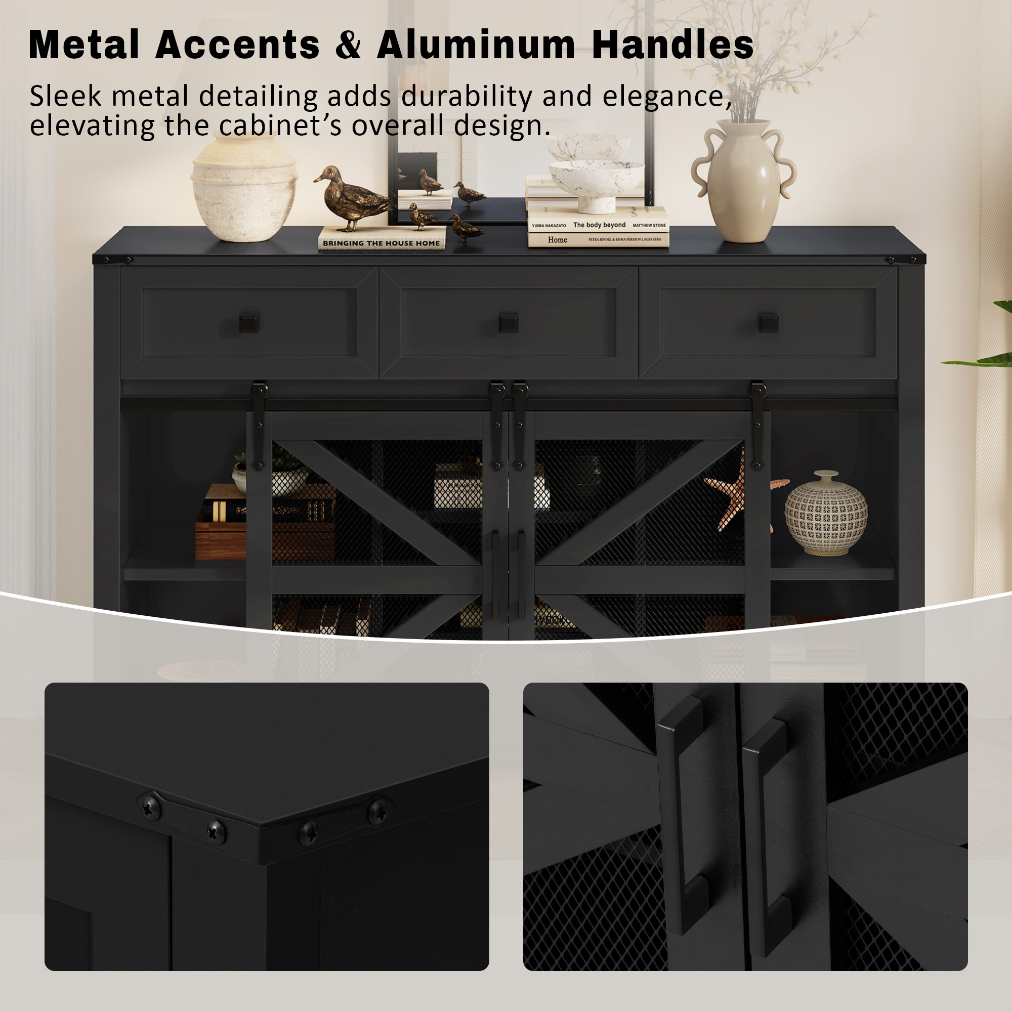 Euroco 55" Sideboard Buffet Cabinet with Sliding Barn Door, Farmhouse Storage Cabinet with 3 Drawers,Adjustable Shelves, Aluminum Handles & Metal Mesh, Wood Coffee Bar Table for Kitchen,Black