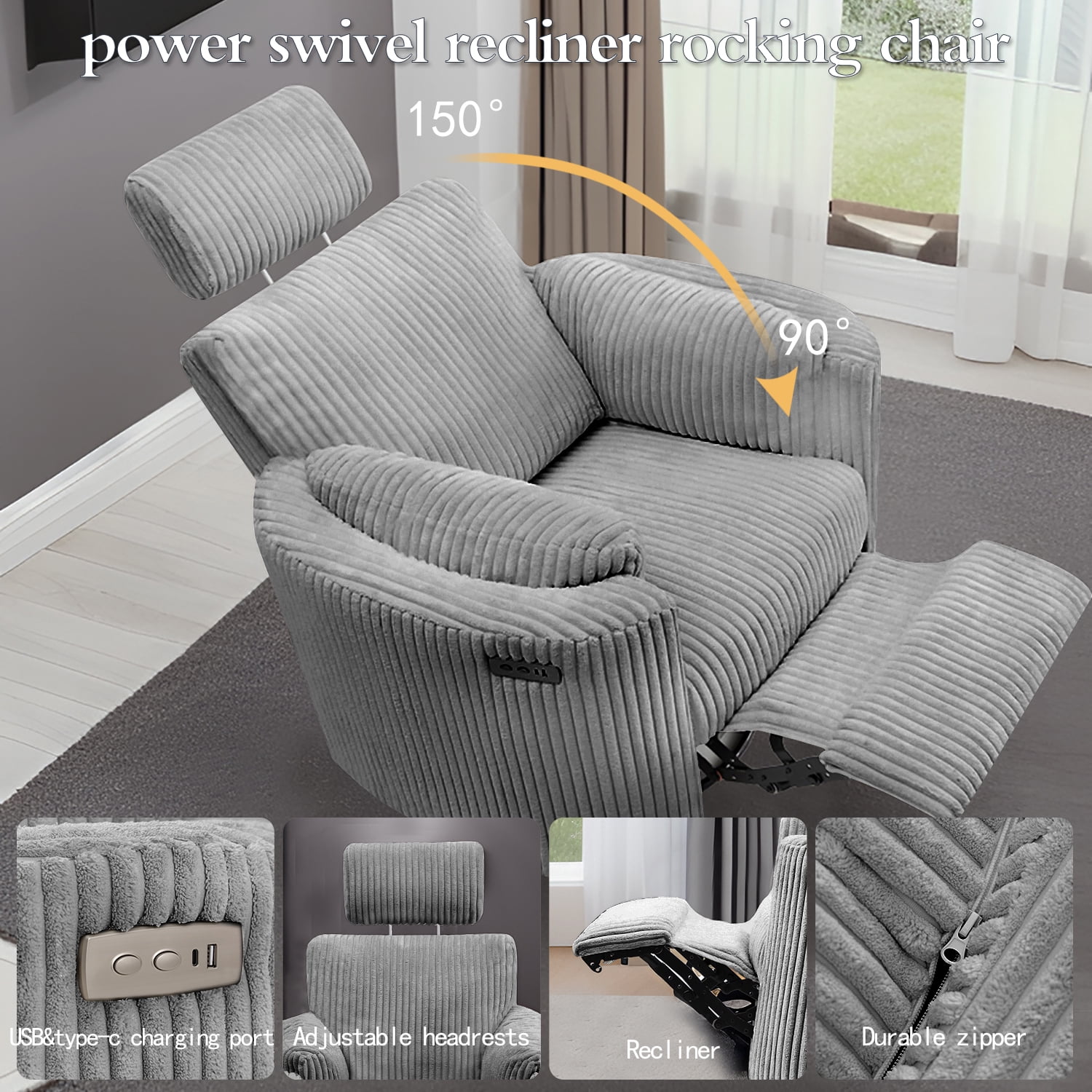 Cynefin Power Recliner Swivel Rocking Nursery Glider Rocker Chair with Headrest, USB and Type-c Port, Corduroy Electric Reclining Sofa Chair Arm Chair for Living Room
