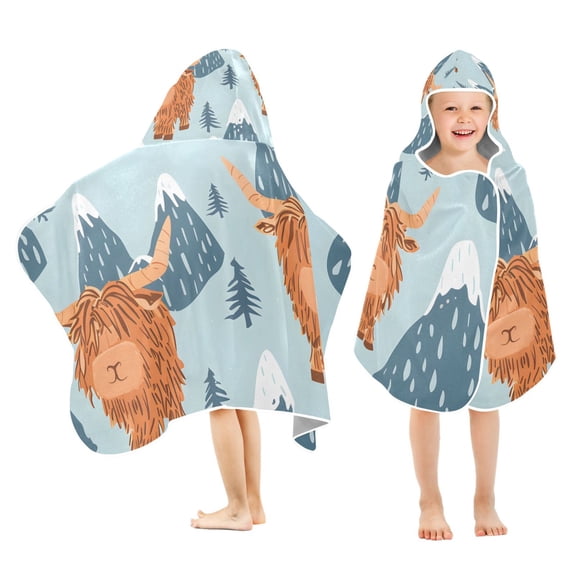 Highland Cow and Mountains Kids Hooded Beach Towel Baby Bath Poncho Towels with Hood Absorbent 50"x23.5" for Pool Swimming